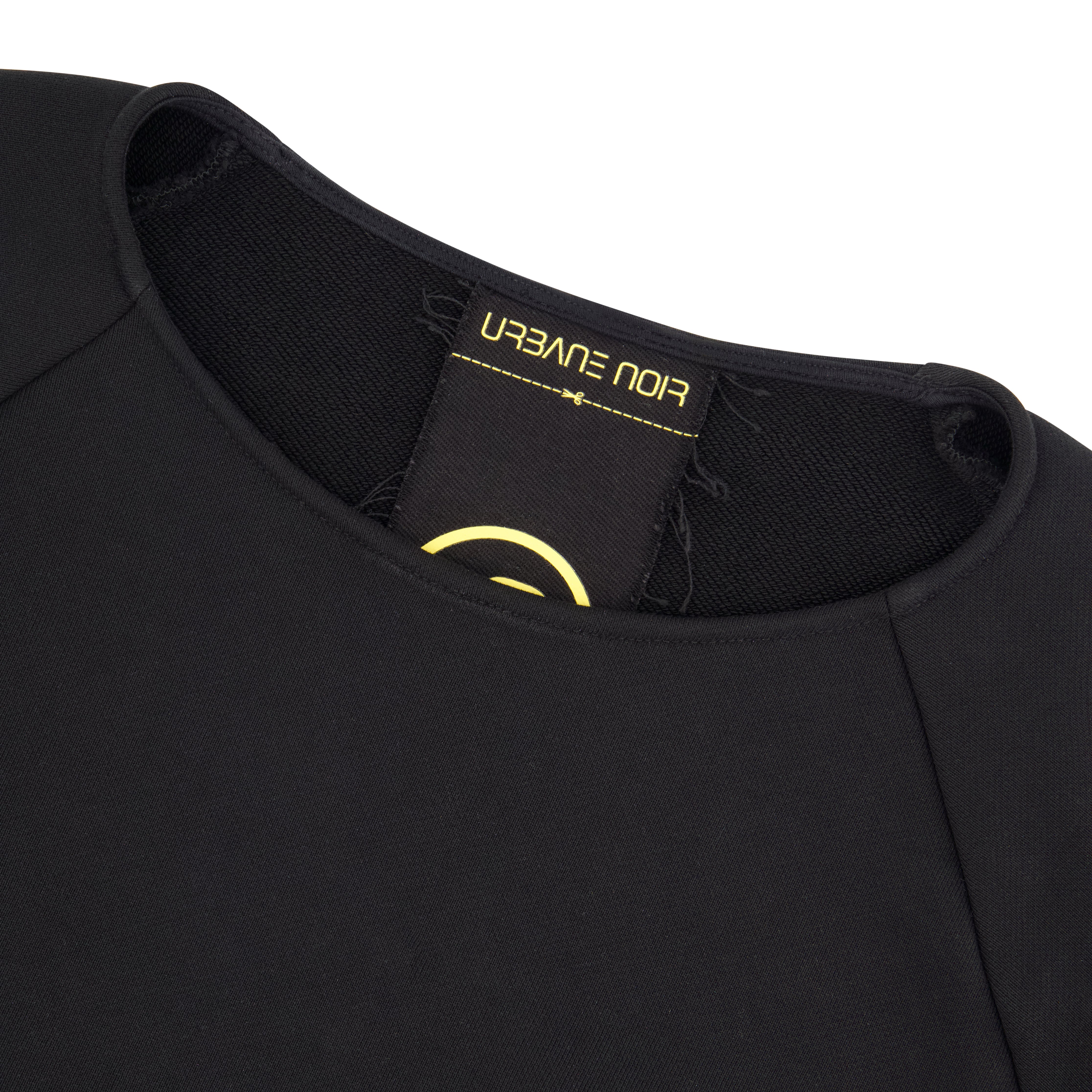 Crew neckline detail of Urbane Noir ONE sweatshirt – timeless minimalist design